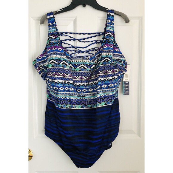 LONGITUDE LACE UP BACK TANK SWIMWEAR LONG TORSO ONE PIECE MAYAN TRAIL SIZE24 - Picture 1 of 7